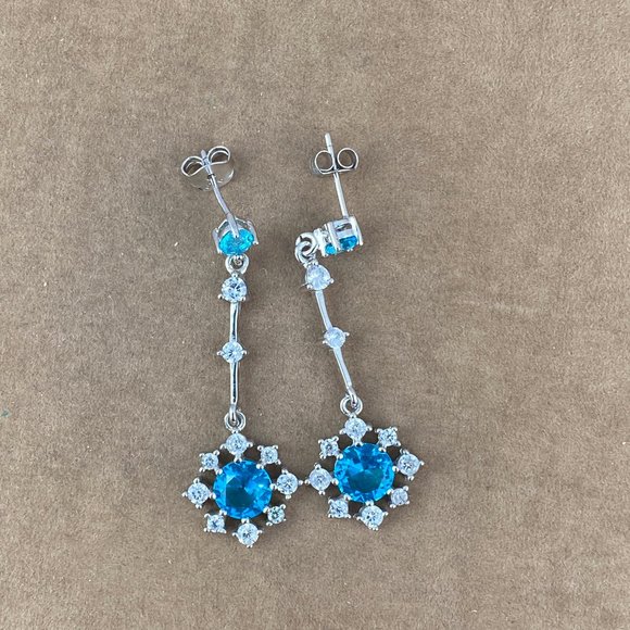 2 Caret Blue Topaz and CZ Drop Earrings - Picture 4 of 6